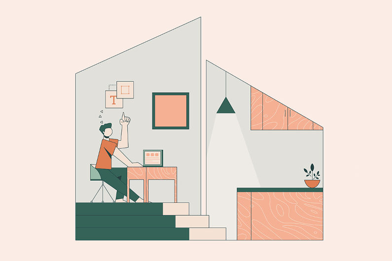 A sketch of a man sitting at his desk in front of a laptop, working 
