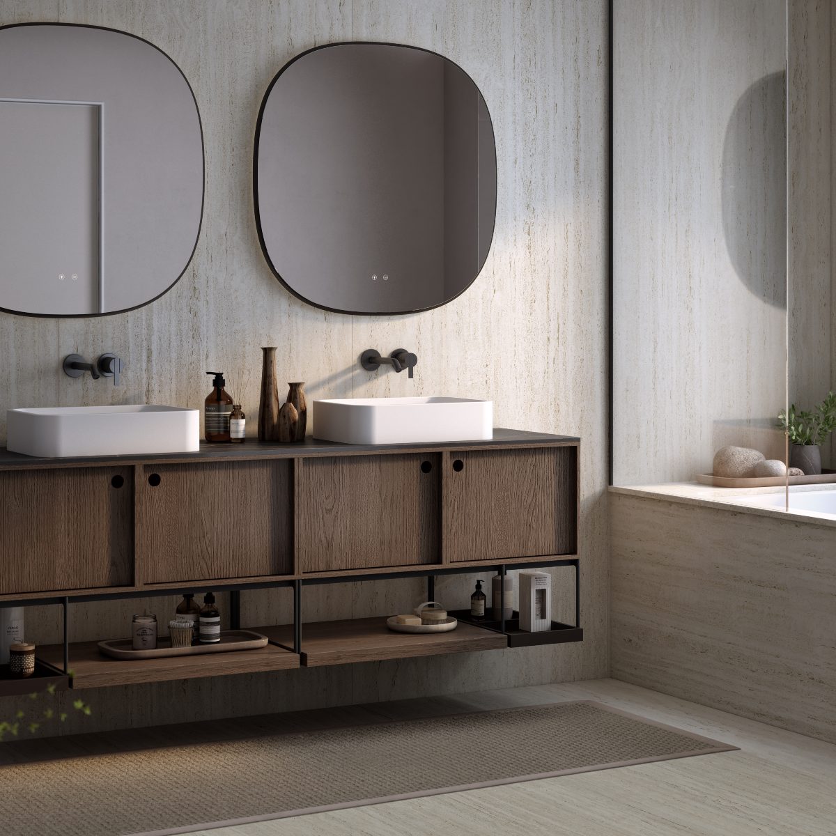 Stone-inspired bathroom wall panelling with Scandinavian style furniture and accessories